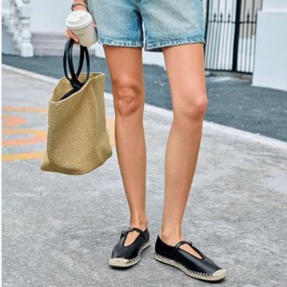 Womens Size 8 Espadrilles Mary Jane Closed Square Toe Mesh Ballet Flats Black - Picture 5 of 11